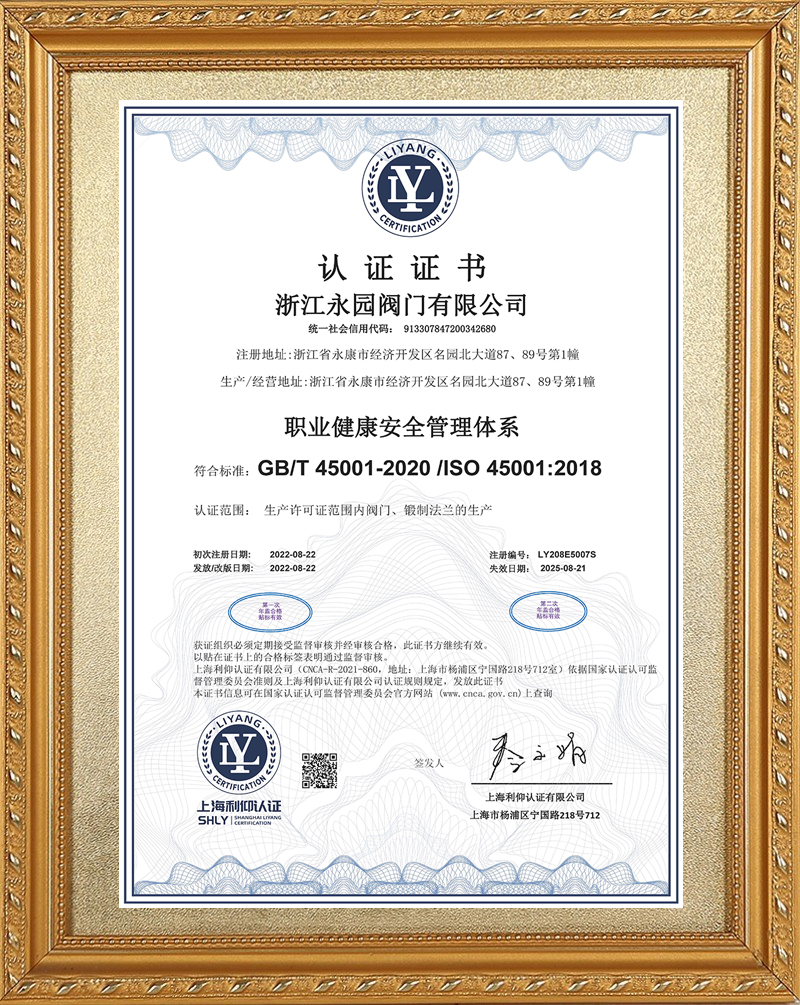 职业健康安全管理体系证书